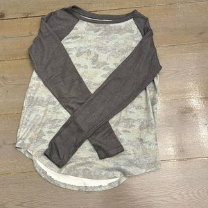 SO, size small camo long sleeve shirt with grey sleeves